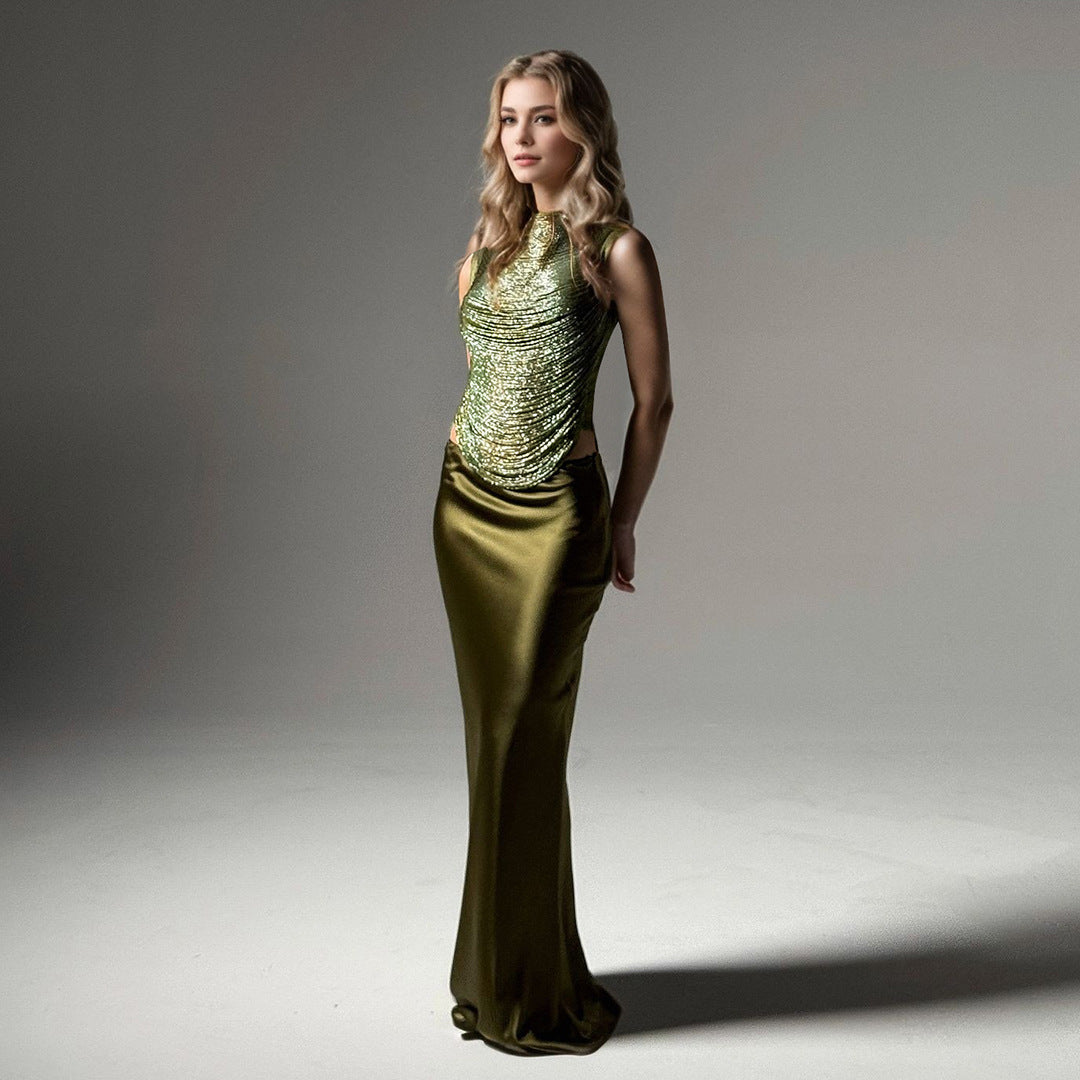 Ensemble élégant sans manches jupe en satin pour soirées et mariages