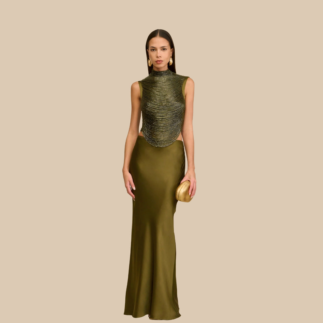 Ensemble élégant sans manches jupe en satin pour soirées et mariages