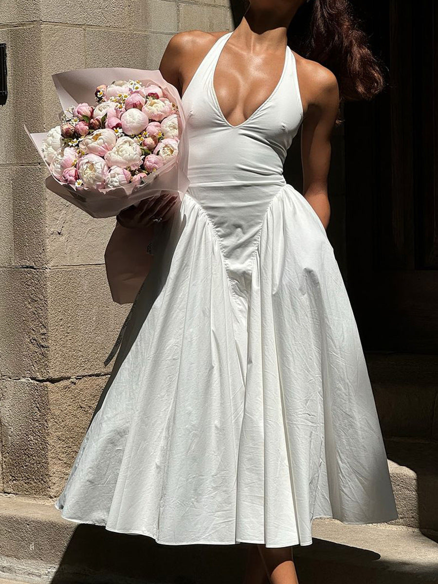 Women's Deep V Halter Backless Midi Dress for Summer Party