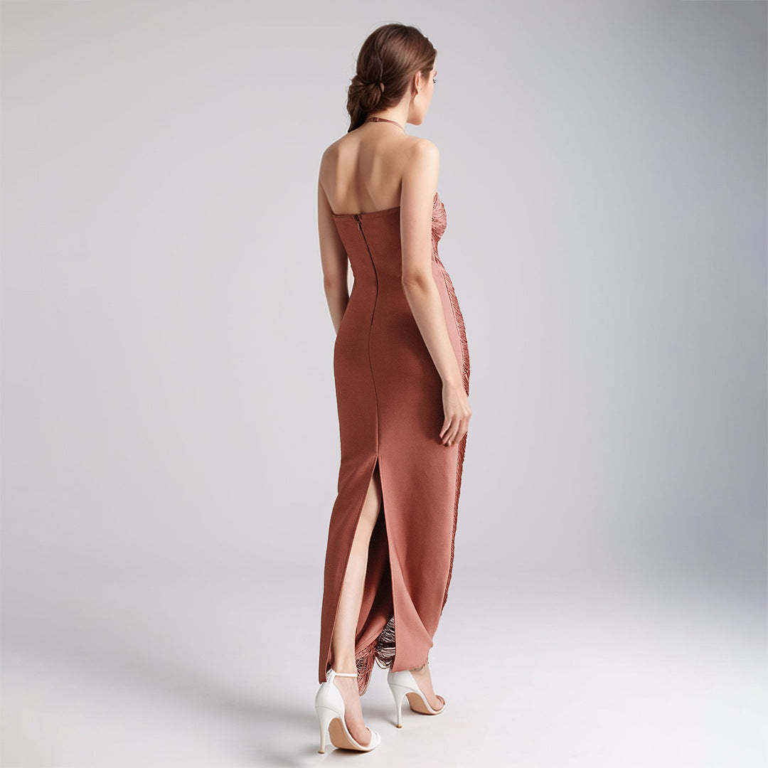 Robe longue à franges et dos nu pour femmes, idéale pour les soirées et événements