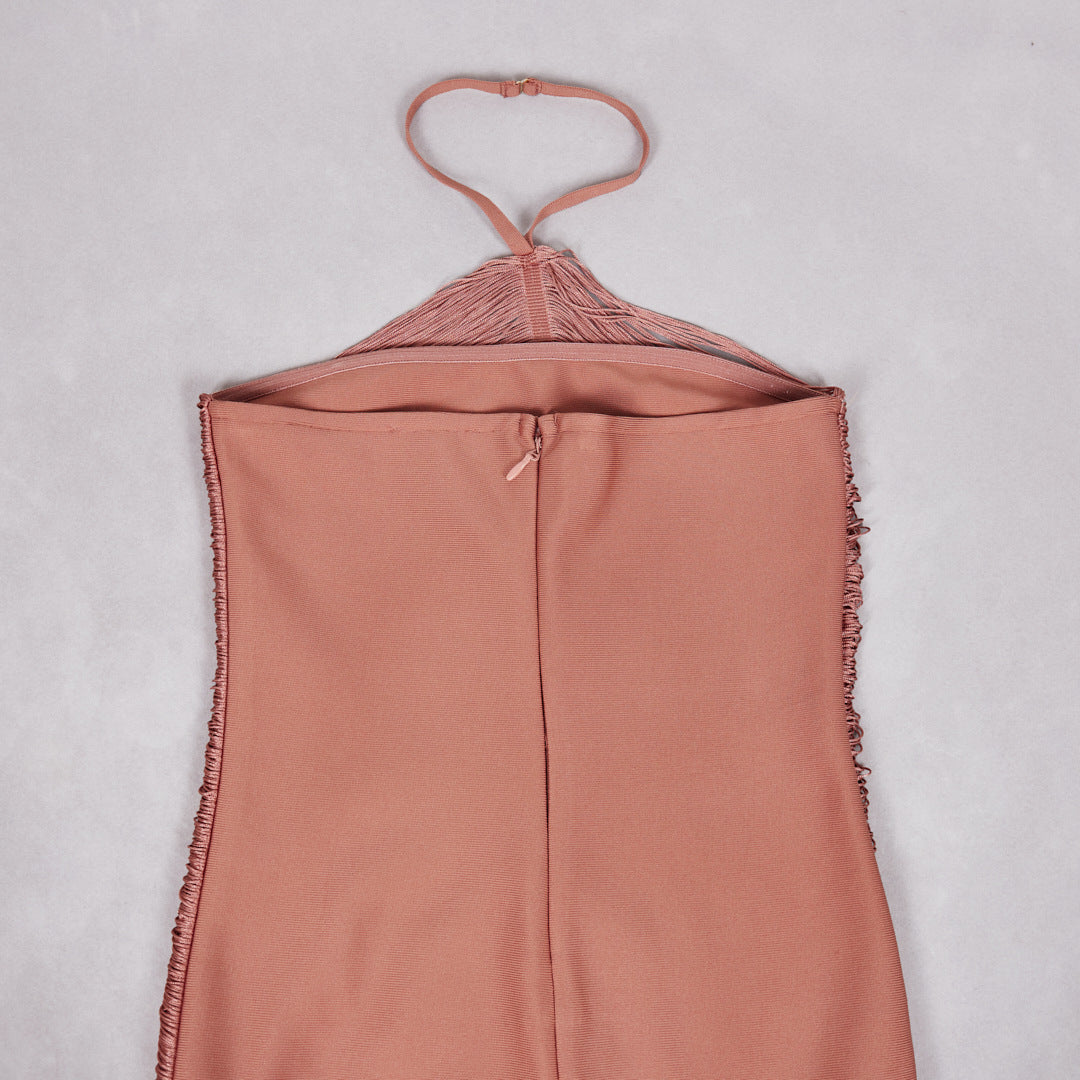 Robe longue à franges et dos nu pour femmes, idéale pour les soirées et événements