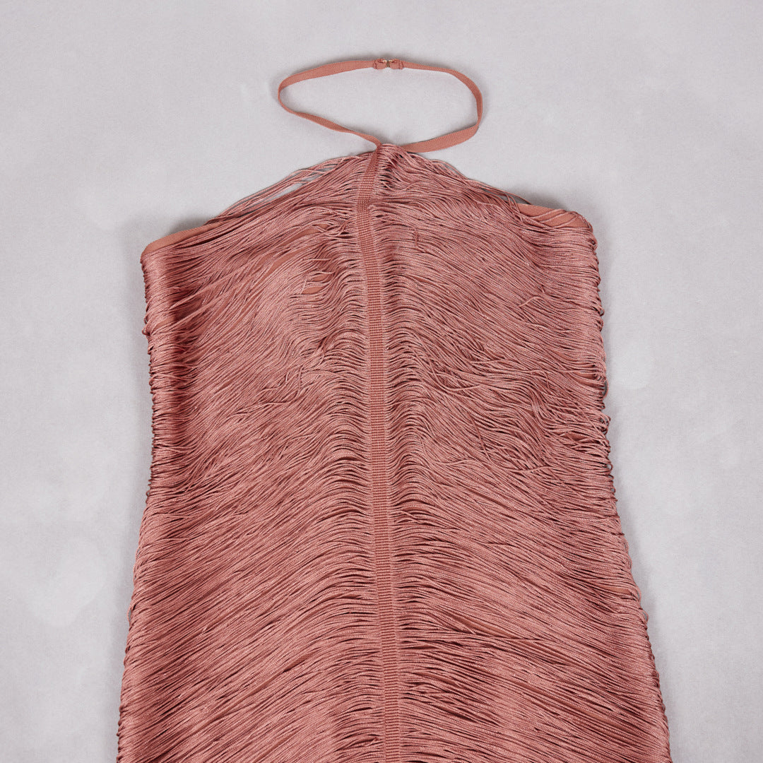 Robe longue à franges et dos nu pour femmes, idéale pour les soirées et événements