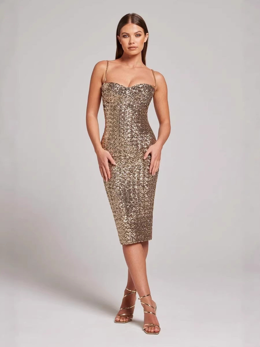 Robe de soirée midi bustier de luxe en sequins dorés pour femme pour une occasion spéciale