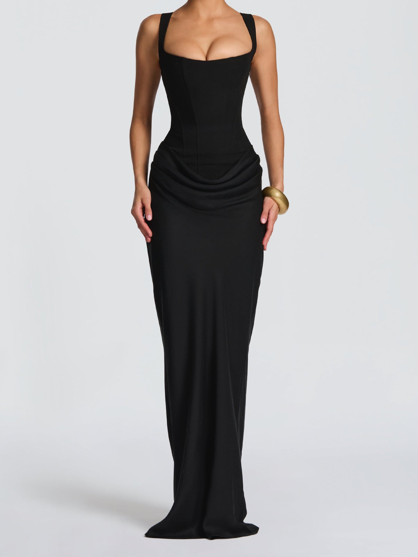 Robe longue sirène froncée sans manches pour femme, idéale pour les fêtes et les banquets