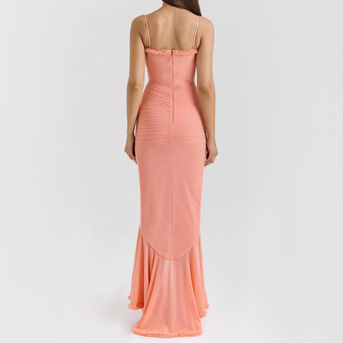 Women's Ruffle Mesh High-Low Maxi Dress for Formal Occasion