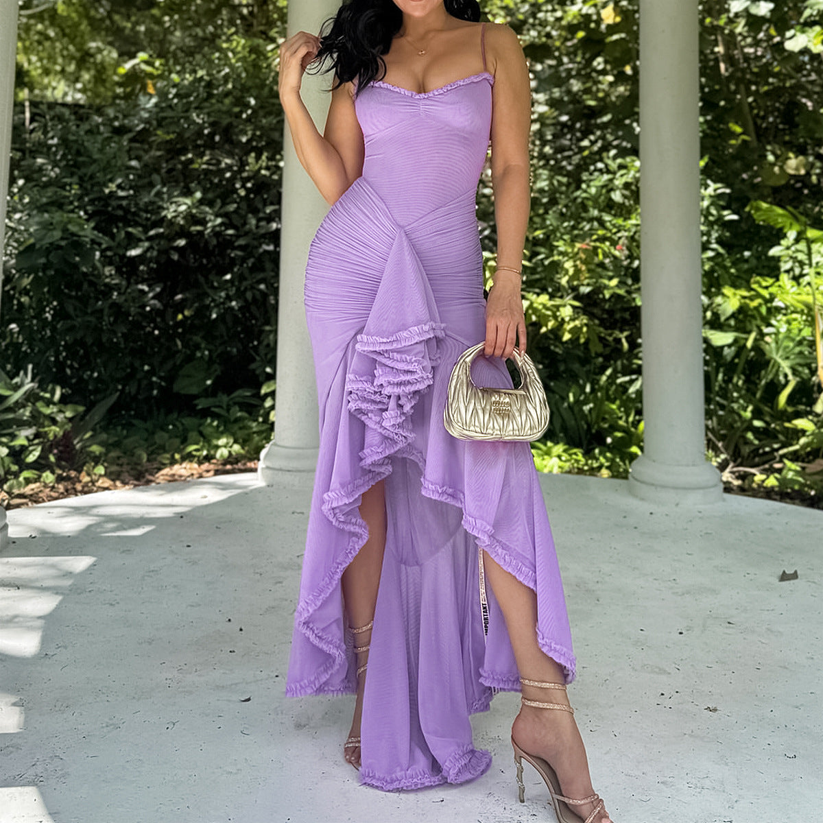 Women's Ruffle Mesh High-Low Maxi Dress for Formal Occasion