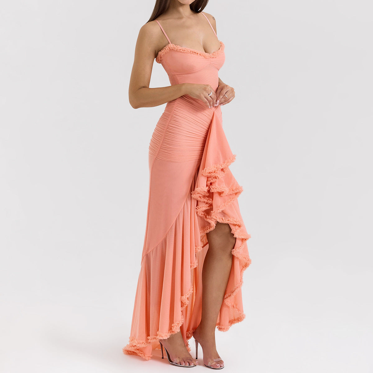 Women's Ruffle Mesh High-Low Maxi Dress for Formal Occasion